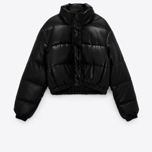 Faux leather cropped puffer jacket